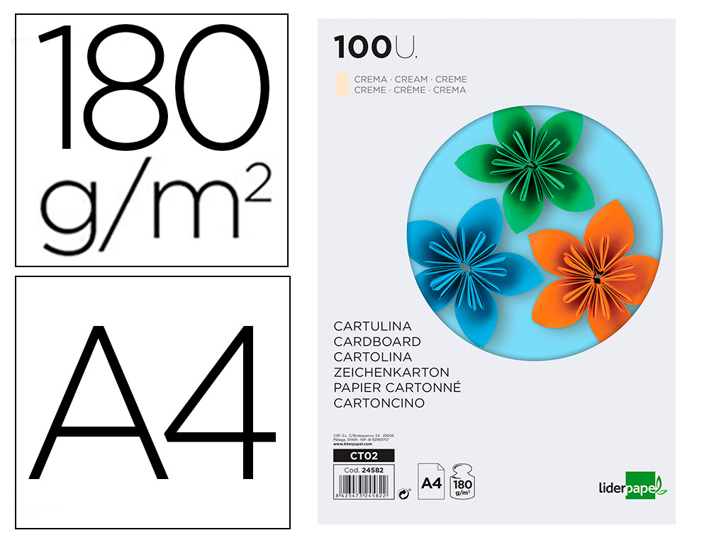 Cartulina liderpapel a4 180g/m2 crema paquete de 100 hojas