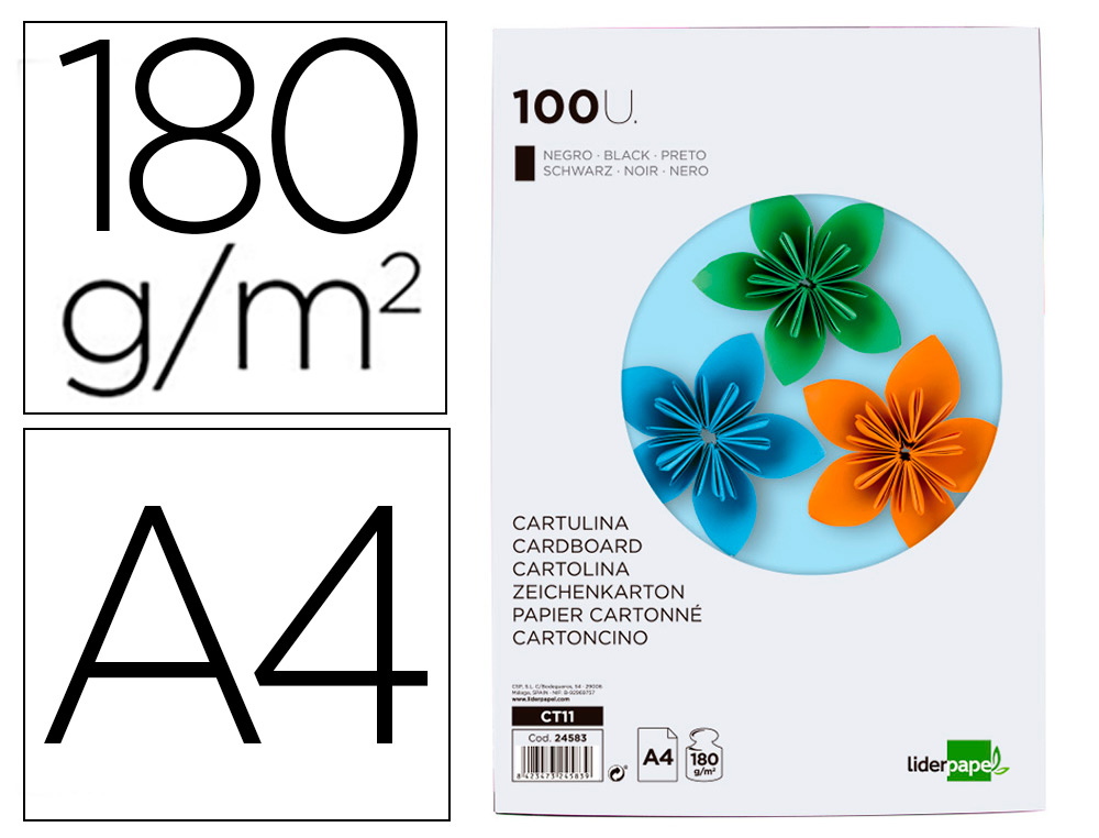 Cartulina liderpapel a4 180g/m2 negro paquete de 100 hojas