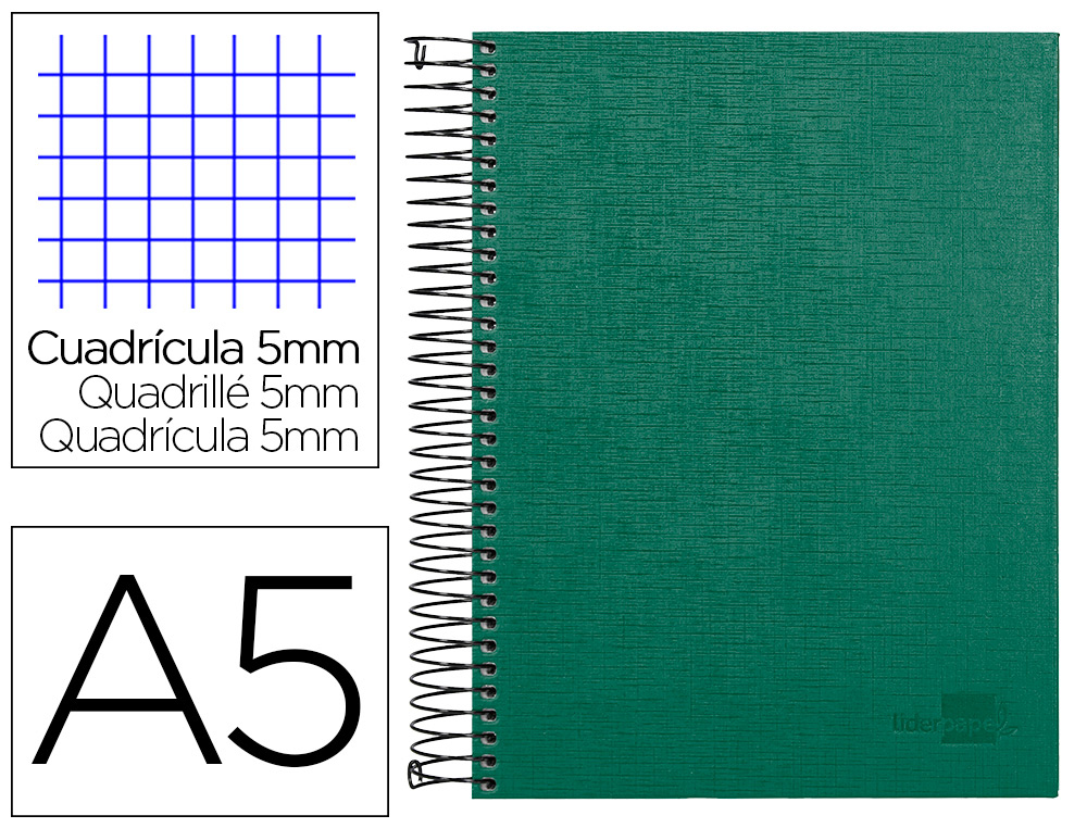 Cuaderno espiral liderpapel a5 micro papercoat tapa forrada 140h 75 gr cuadro5mm 5 bandas 6 taladros verde