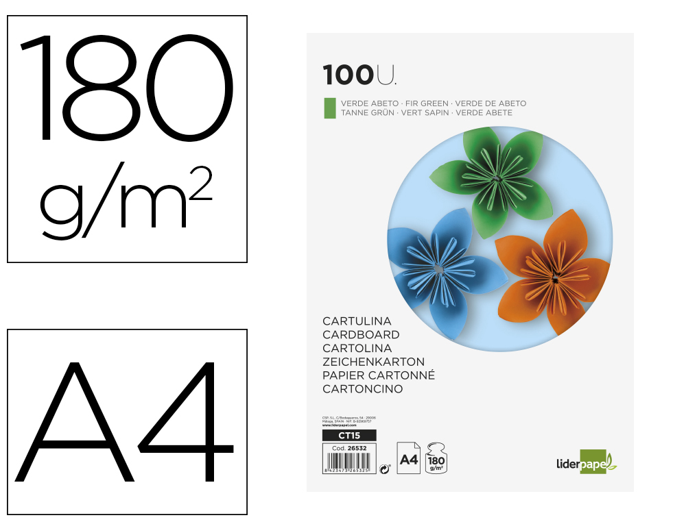 Cartulina liderpapel a4 180g/m2 verde abeto paquete de 100 hojas