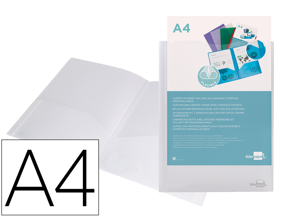 Carpeta liderpapel dossier dos bolsas canguro 45684 polipropileno din a4 transparente