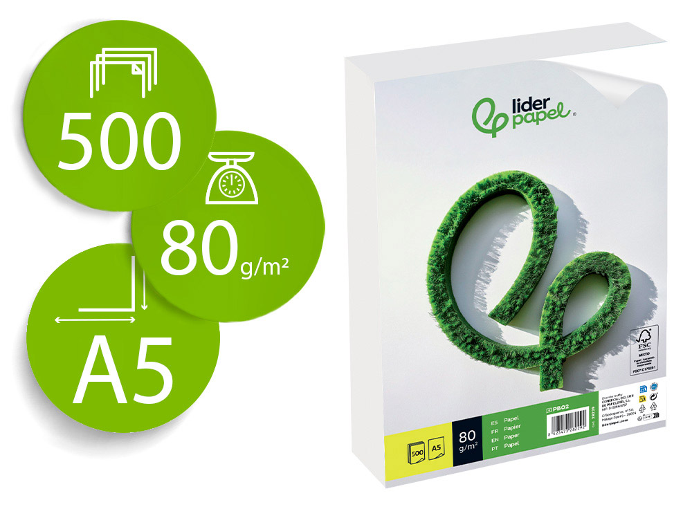 Papel liderpapel a5 80g/m2 liso paquete de 500 hojas