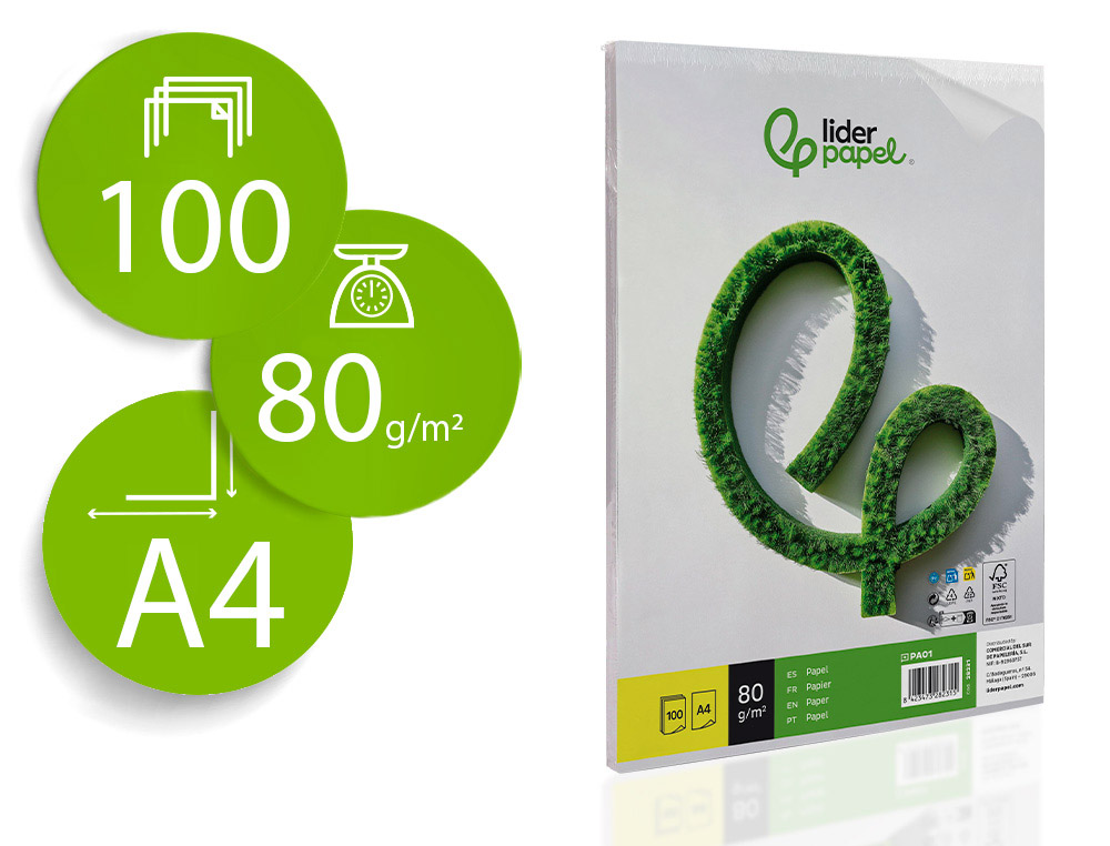 Papel liderpapel a4 80g/m2 liso paquete de 100 hojas