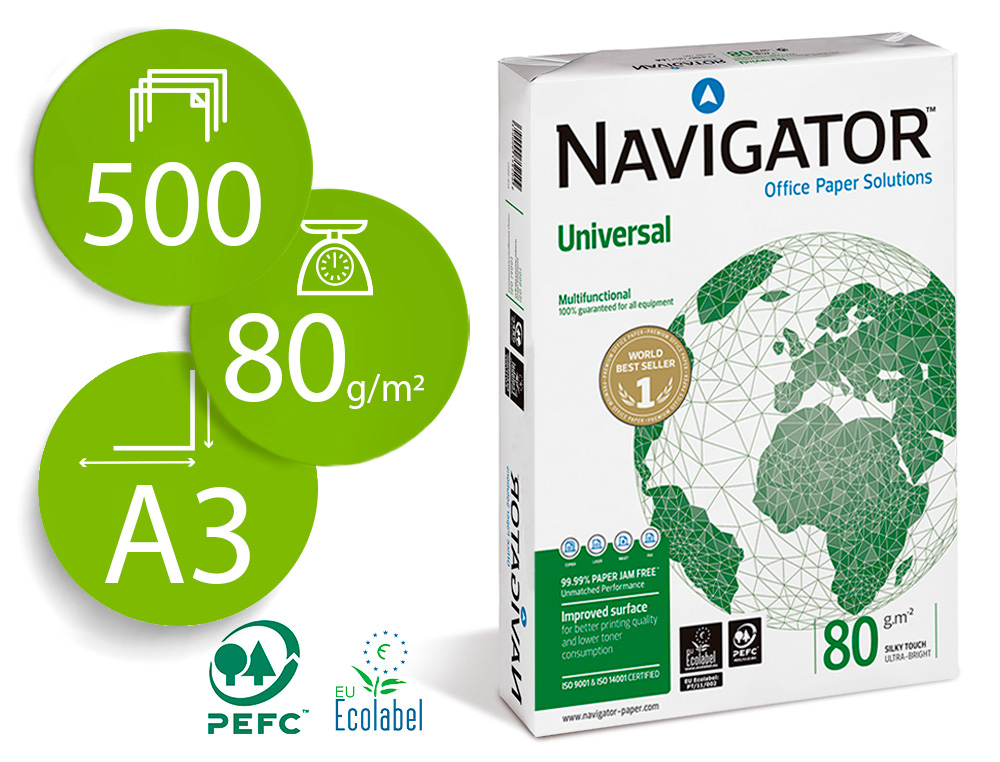 Papel fotocopiadora navigator din a3 80 gramos papel multiuso ink-jet y laser paquete de 500 hojas