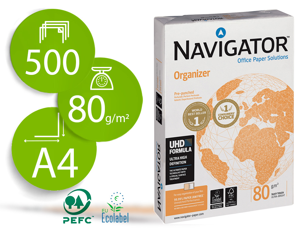 Papel fotocopiadora navigator din a4 80 gramos 4 taladros papel multiuso ink-jet y laser paquete de 500 hojas