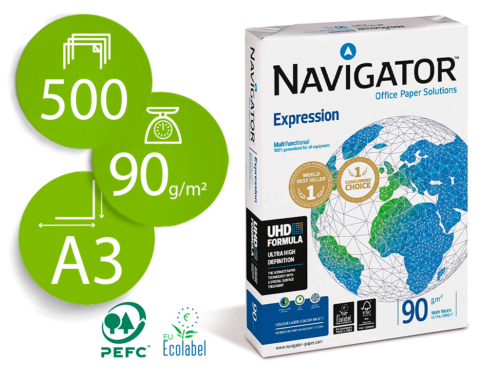 Papel fotocopiadora navigator din a3 90 gramos papel multiuso ink-jet y laser paquete de 500 hojas