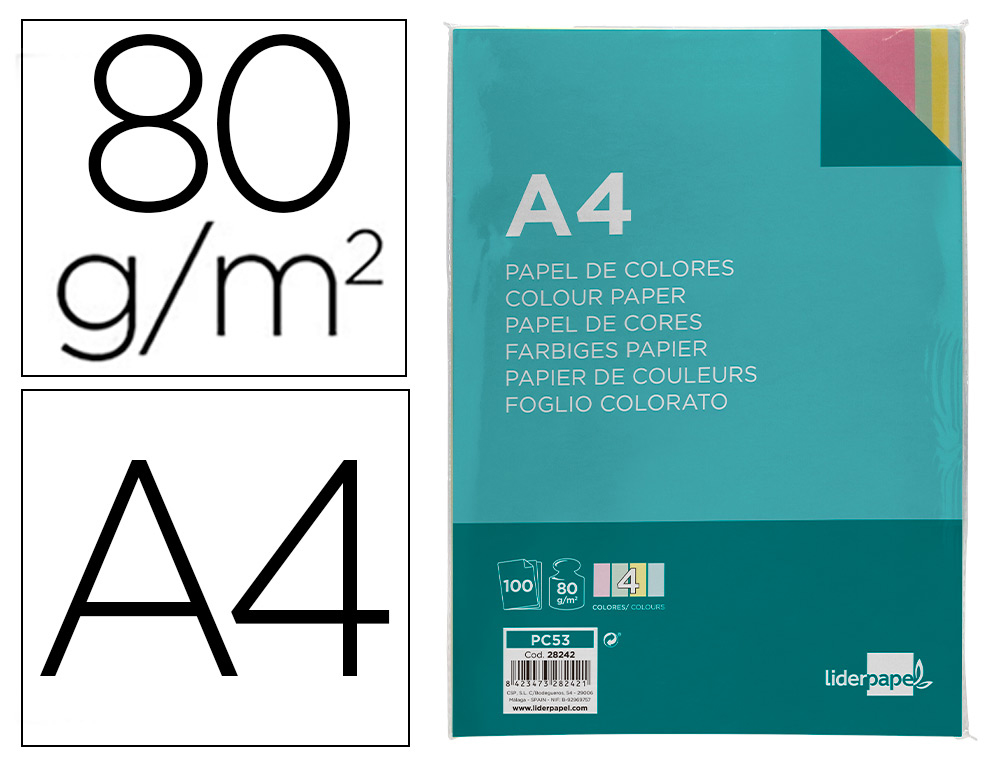 Papel color liderpapel a4 80gr 4 colores surtidos paquete de 100 hojas