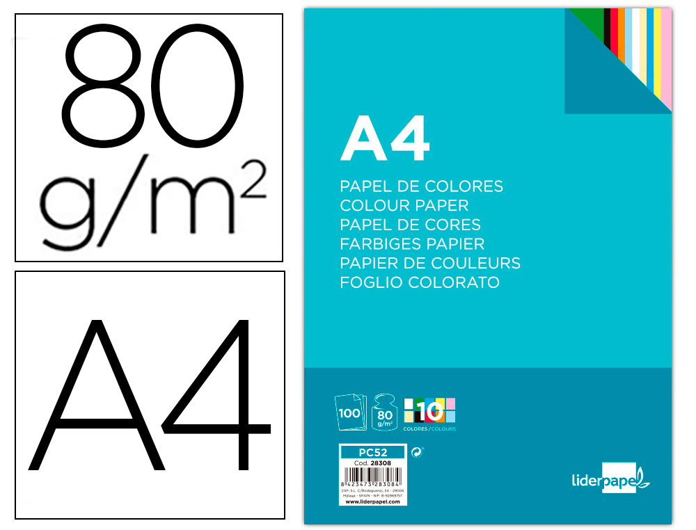 Papel color liderpapel a4 80gr 10 colores surtidos paquete de 100 hojas