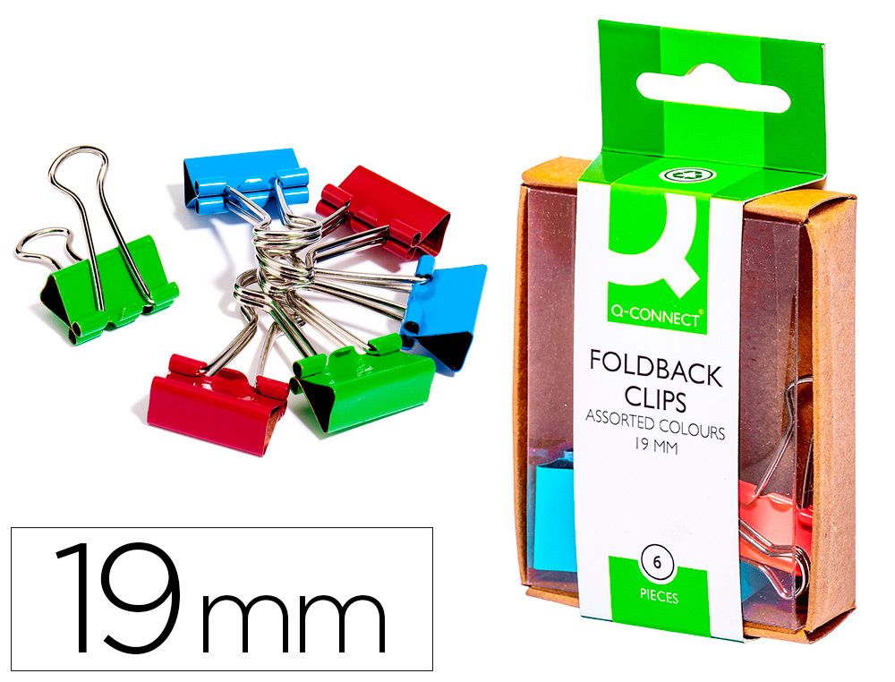 Pinza metalica q-connect reversible 19 mm caja de 6 unidades colores surtidos