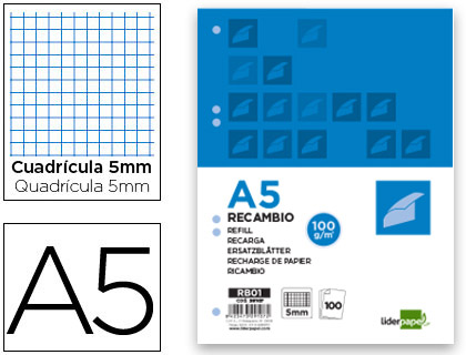 Recambio liderpapel a5 100 h 100g/m2 cuadro 5mm con margen 6 taladros