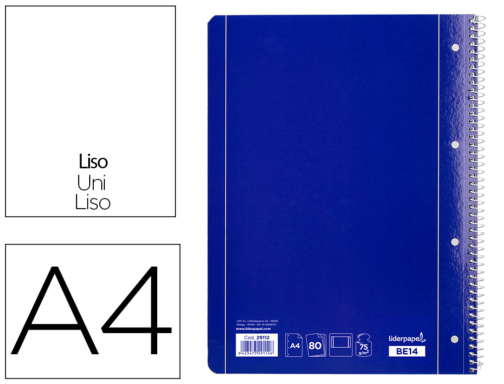 Cuaderno espiral liderpapel a4 micro serie azul tapa blanda 80h 75 gr liso con margen 4 taladros azul