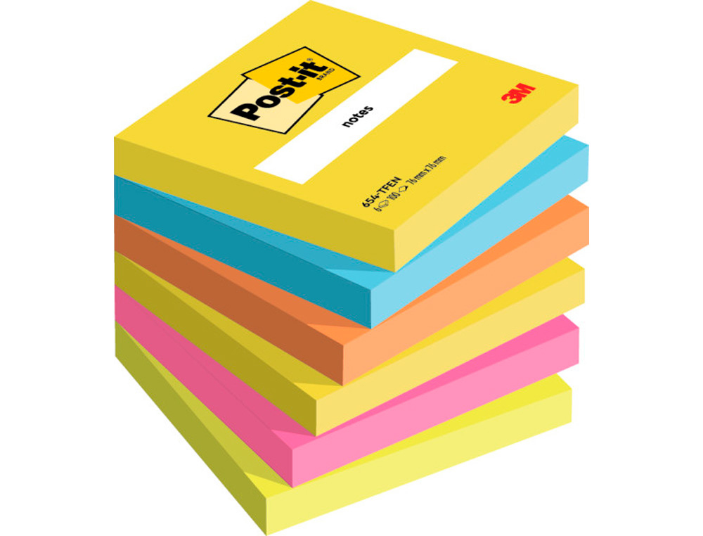 Bloc de notas adhesivas quita y pon post-it 76x76 mm neon pack de 6 blocs surtido