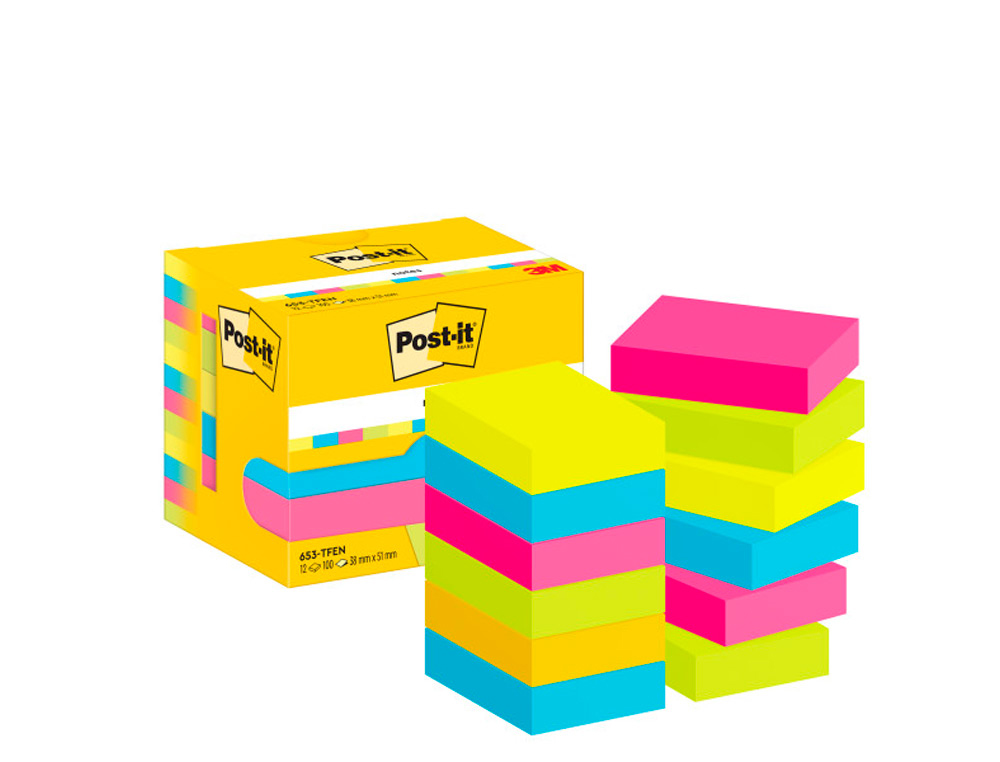 Bloc de notas adhesivas quita y pon post-it 38x51 mm neon pack de 12 blocs surtido