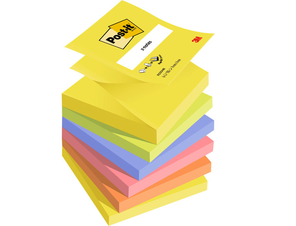 Bloc de notas adhesivas quita y pon post-it 76x76 mm z-notesultra intenso pack de 6 blocs surtido