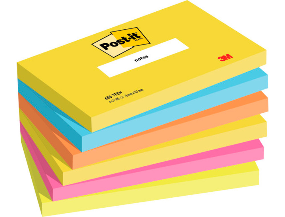 Bloc de notas adhesivas quita y pon post-it 76x127 mm neon pack de 6 blocs surtido