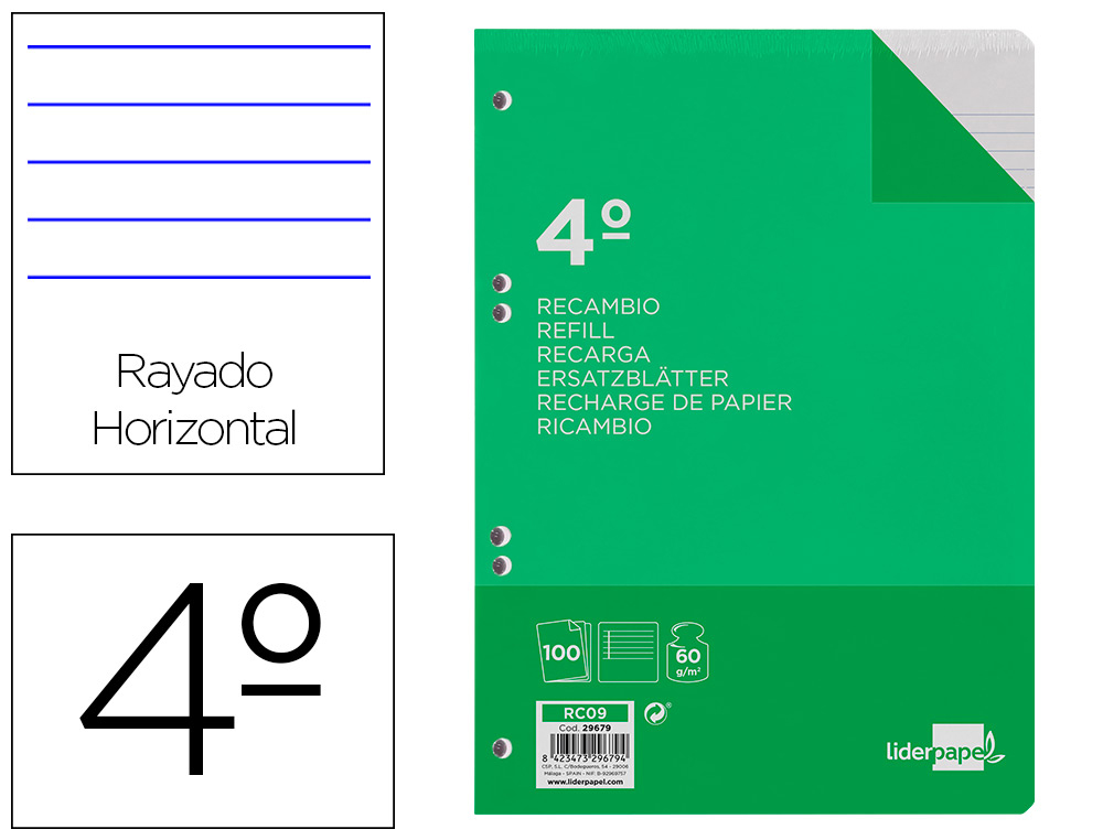Recambio liderpapel cuarto 100 hojas 60g/m2 horizontal con margen 6 taladros