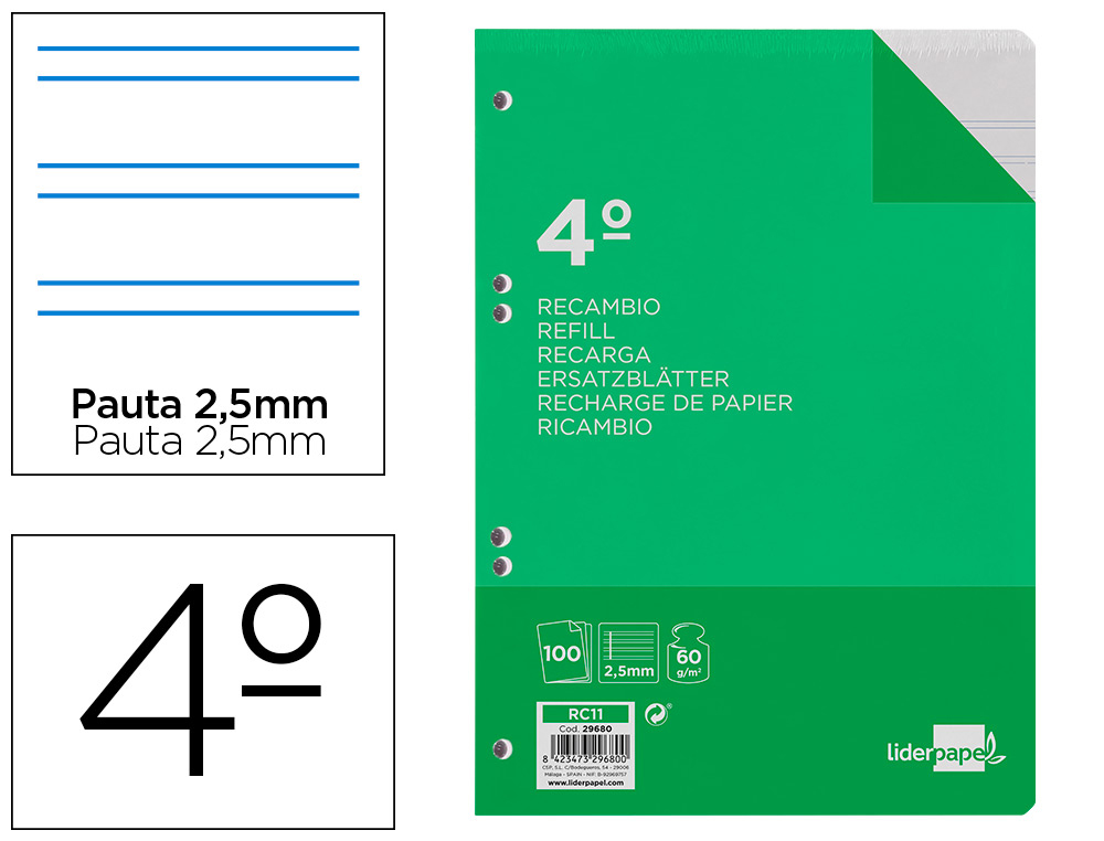 Recambio liderpapel cuarto 100 hojas 60g/m2 pauta 5ª 2.5mm con margen 6 taladros