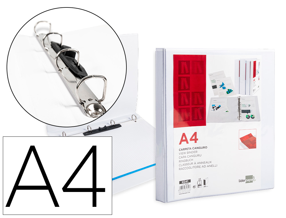 Carpeta canguro 4 anillas mixtas 16mm liderpapel a4 plastico color blanco