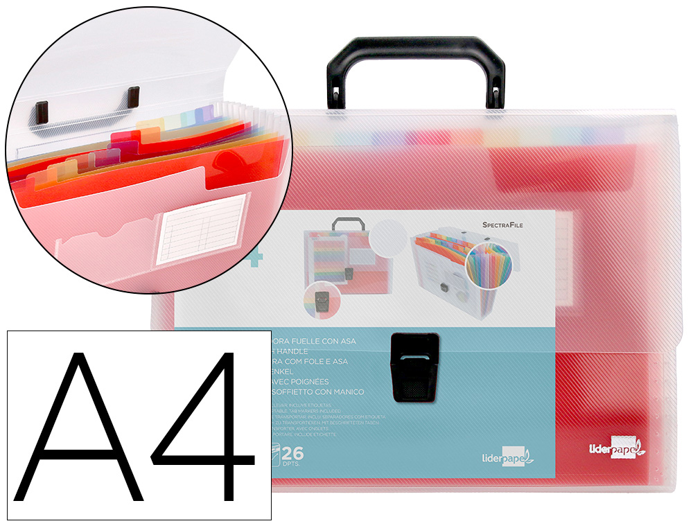 Carpeta liderpapel clasificador fuelle 45144 polipropileno a4 transparente con asa spectrafile 26 dpto