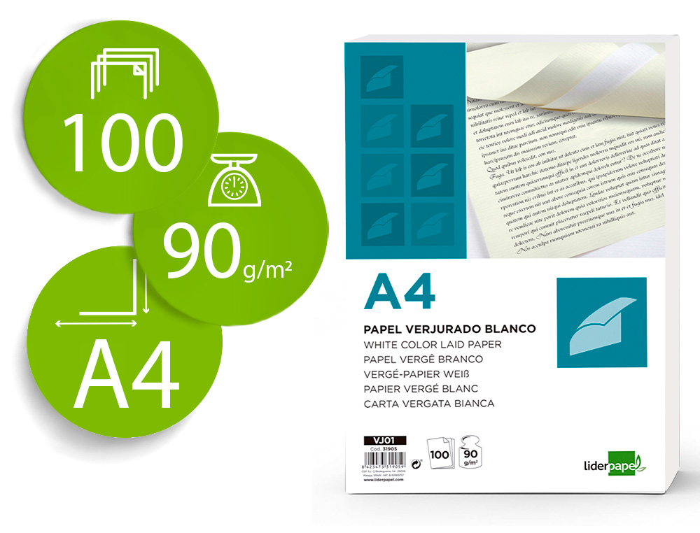 Papel verjurado liderpapel a4 90g/m2 blanco paquete de 100 hojas