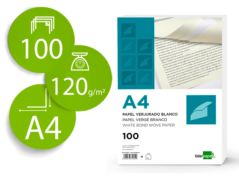 Papel verjurado liderpapel a4 120g/m2 blanco paquete de 100 hojas