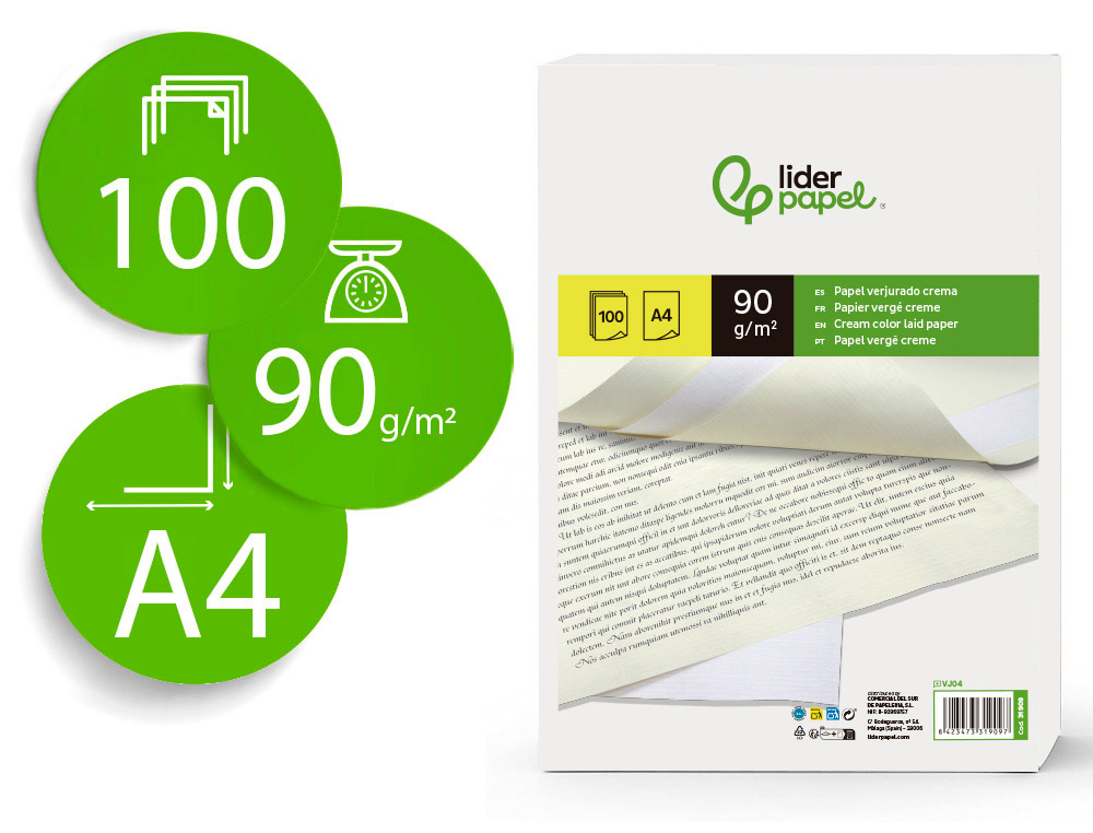 Papel verjurado liderpapel a4 90g/m2 crema paquete de 100 hojas