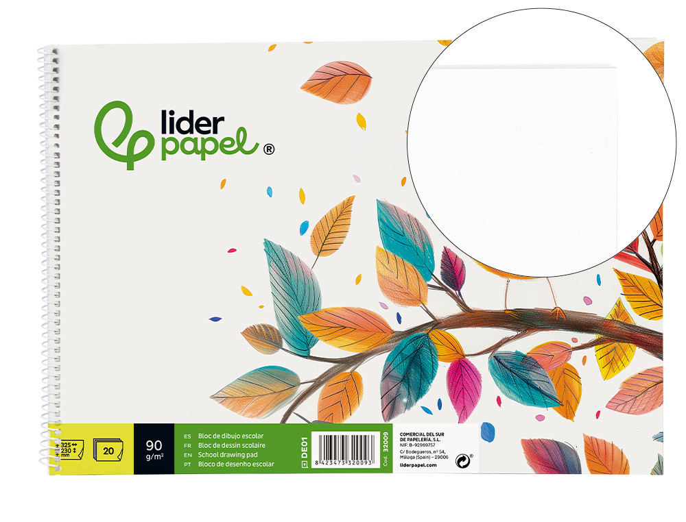 Bloc dibujo liderpapel escolar espiral 230x325mm 20 hojas 90 gr/m2 sin recuadro