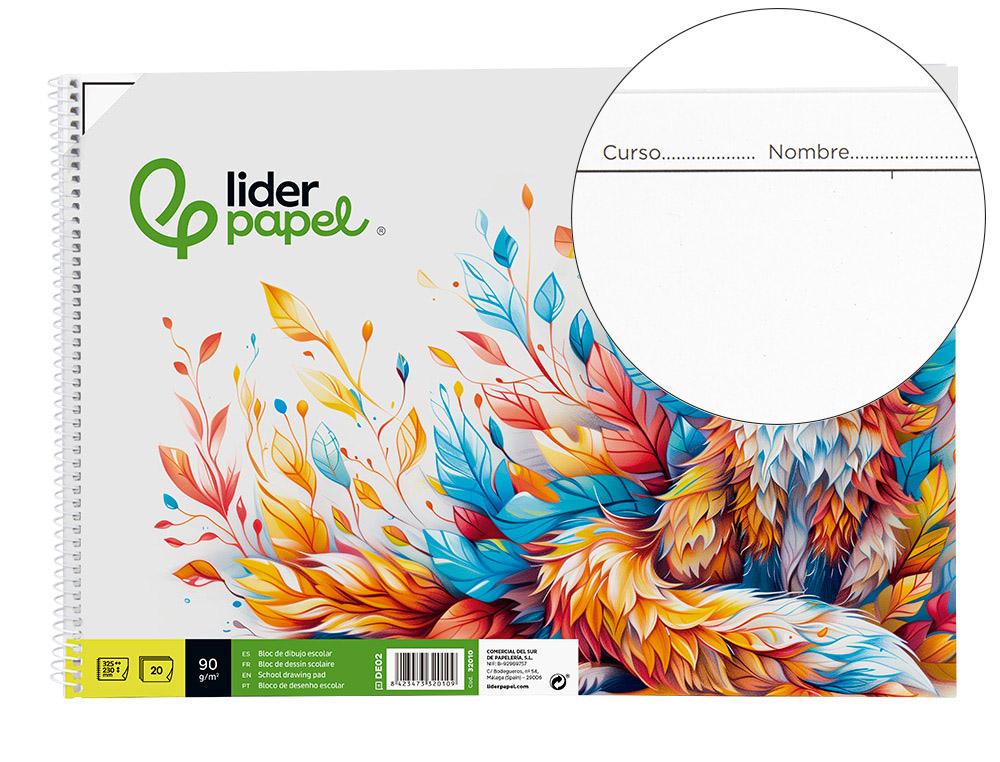 Bloc dibujo liderpapel escolar espiral 230x325mm 20 hojas 90 gr/m2 con recuadro