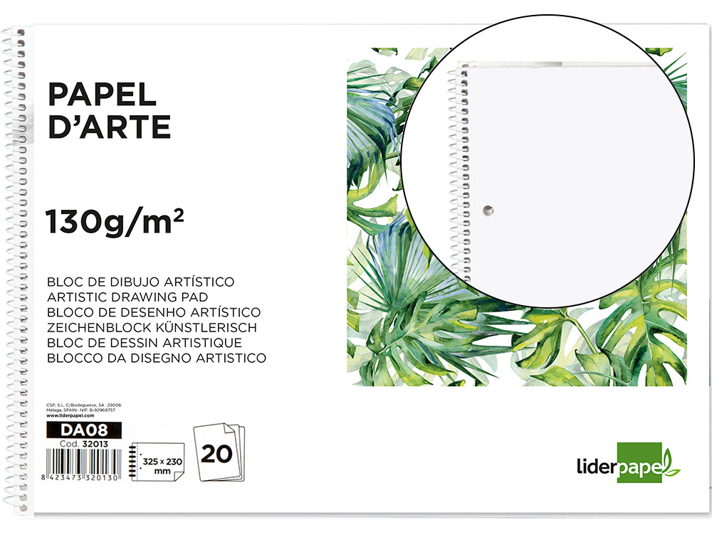 Bloc dibujo liderpapel artistico espiral 230x325mm 20 hojas 130g/m2 sin recuadro 2 taladros perforado
