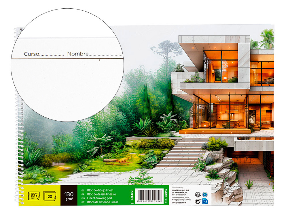 Bloc dibujo liderpapel lineal arquitectura 230x325 mm 20 hojas 130g/m2 con recuadro perforado