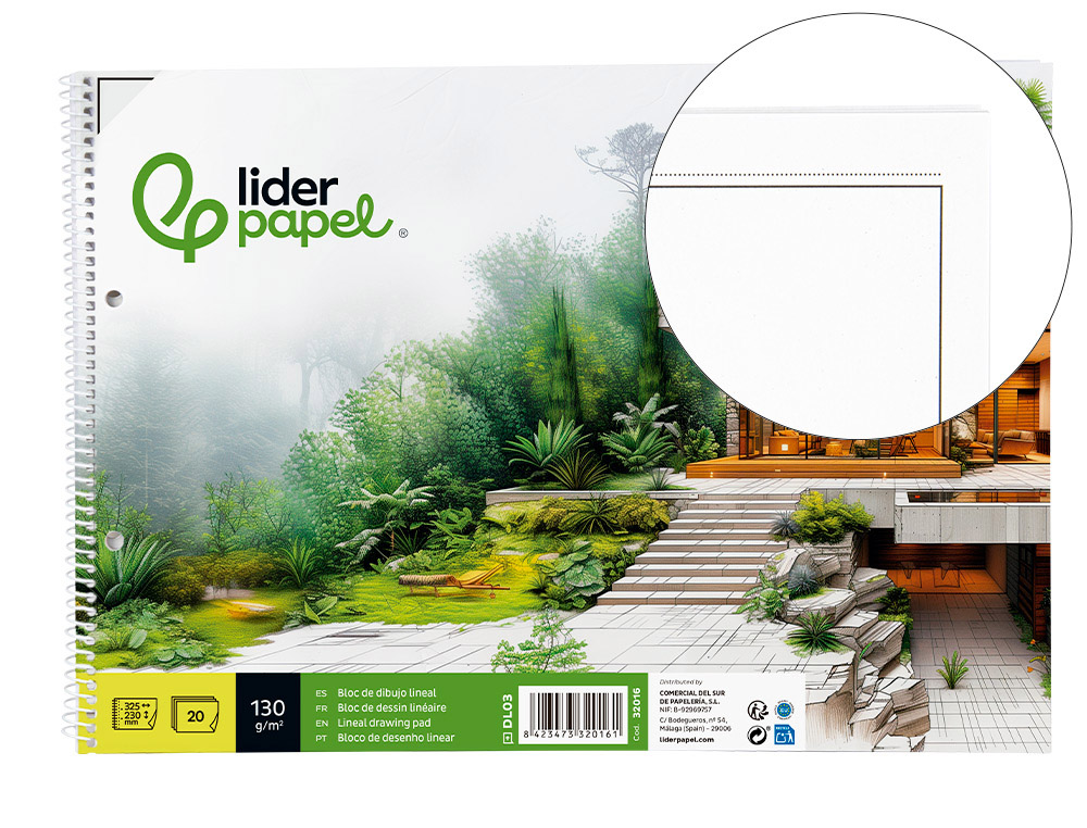 Bloc dibujo liderpapel lineal espiral 230x325mm 20 hojas 130gr/m2 con recuadro 2 taladros perforado