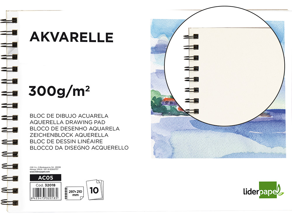 Bloc dibujo liderpapel acuarela espiral 297x210mm 10 hojas 300g/m2 sin recuadro