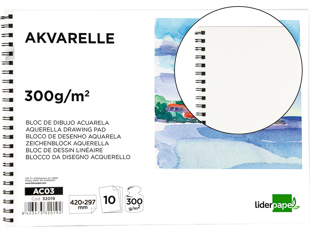 Bloc dibujo liderpapel acuarela espiral 297x420mm 10 hojas 300g/m2 sin recuadro