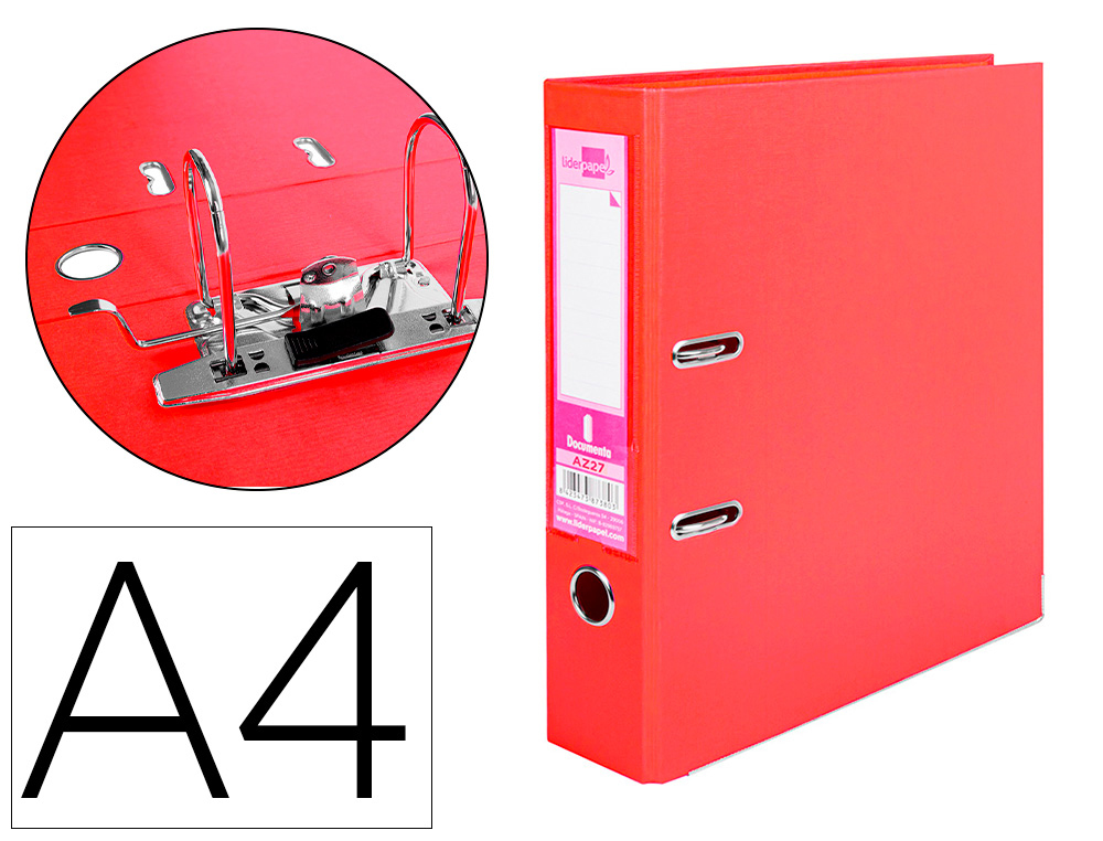 Archivador de palanca liderpapel a4 documenta forrado pvc con rado lomo 75mm rojo compresor metalico