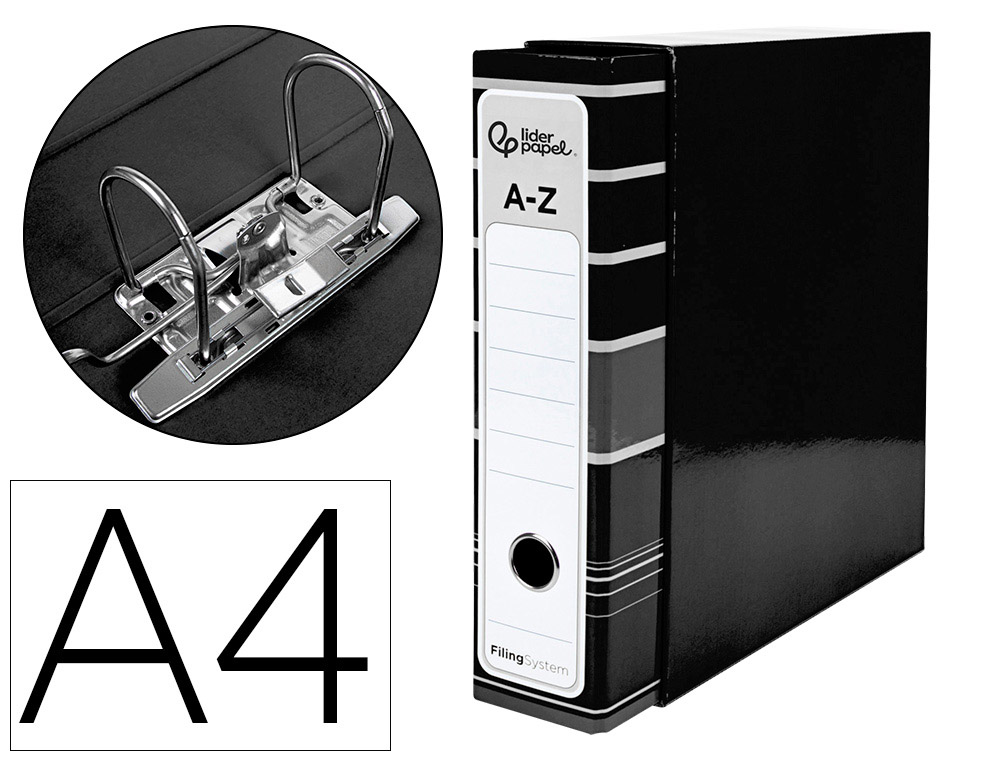 Archivador de palanca liderpapel a4 filing system forrado sin rado lomo 80mm negro con caja y compresor metalico