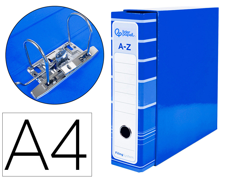 Archivador de palanca liderpapel a4 filing system forrado sin rado lomo 80mm azul con caja y compresor metalico