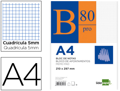 Bloc notas liderpapel cuadro 5mm a4 80 hojas 60g/m2 encolado 4 taladros doble margen