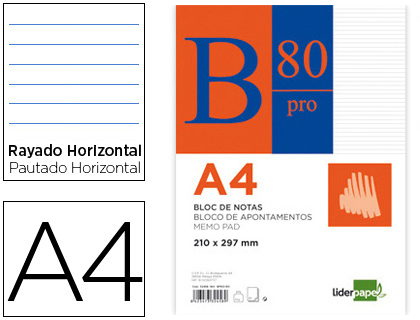 Bloc notas liderpapel horizontal a4 80 hojas 60g/m2 encolado 4 taladros doble margen azul