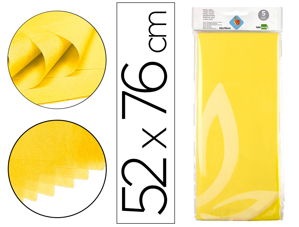 Papel seda liderpapel 52x76cm 18g/m2 bolsa de 5 hojas amarillo
