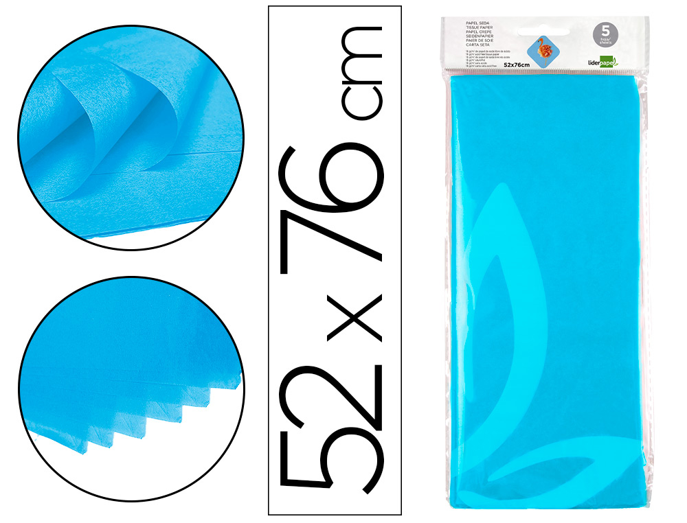 Papel seda liderpapel 52x76cm 18g/m2 bolsa de 5 hojas celeste