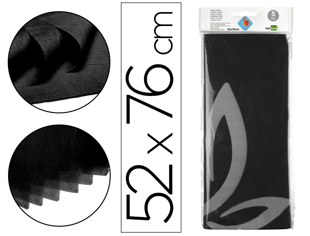 Papel seda liderpapel 52x76cm 18g/m2 bolsa de 5 hojas negro