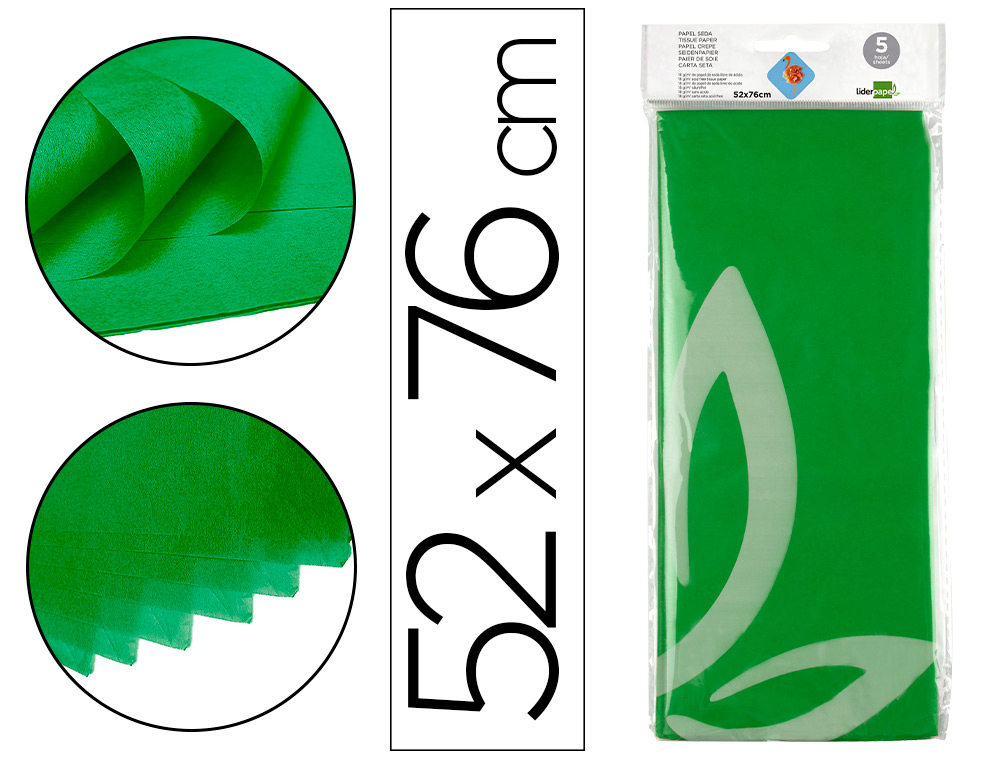 Papel seda liderpapel 52x76cm 18g/m2 bolsa de 5 hojas verde
