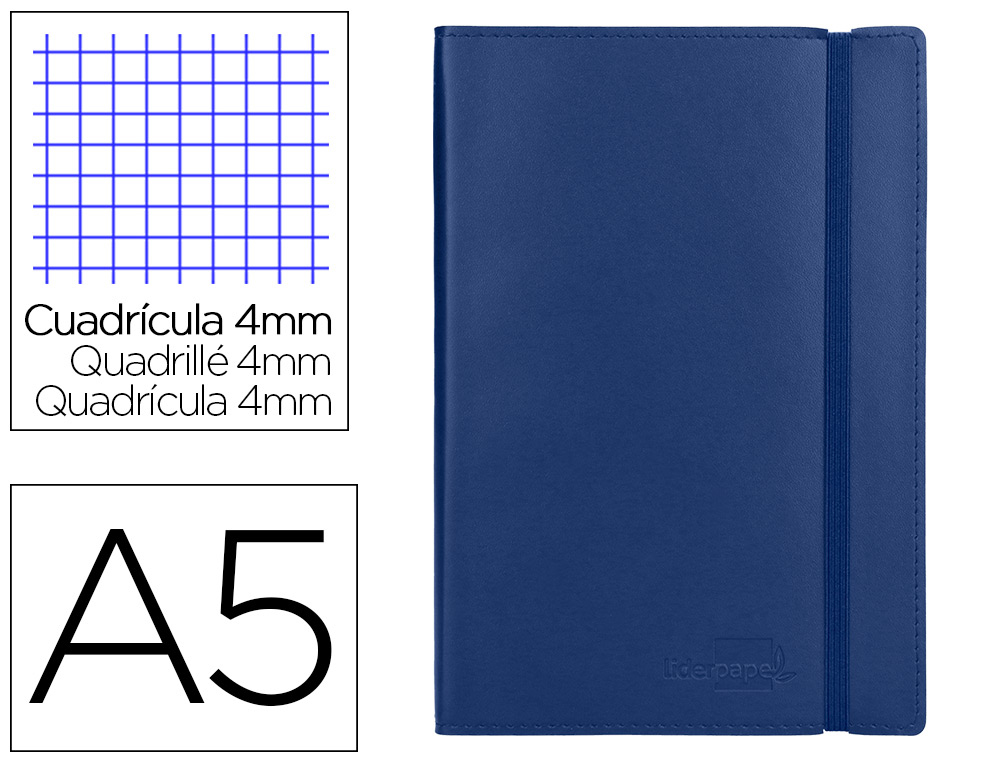 Libreta liderpapel simil piel a5 120 hojas 70g/m2 cuadro 4mm sin margen azul