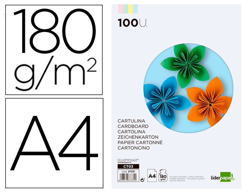 Cartulina liderpapel a4 180g/m2 4 colores surtidos paquete de 100 hojas