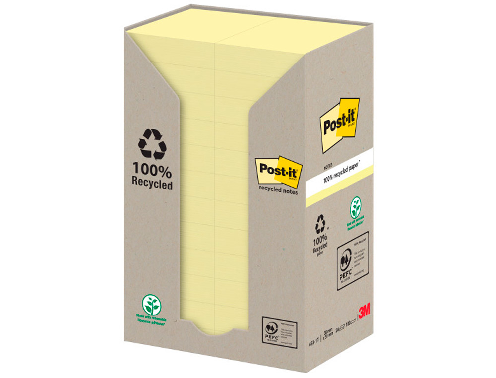 Bloc de notas adhesivas quita y pon reciclada en torre post-it 38 x 51 mm 24 blocs 653 reciclado