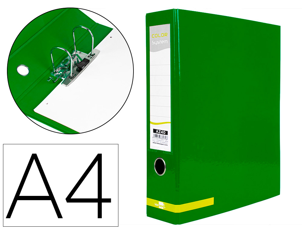 Archivador de palanca liderpapel a4 color system forrado sin rado lomo 80mm verde compresor metalico