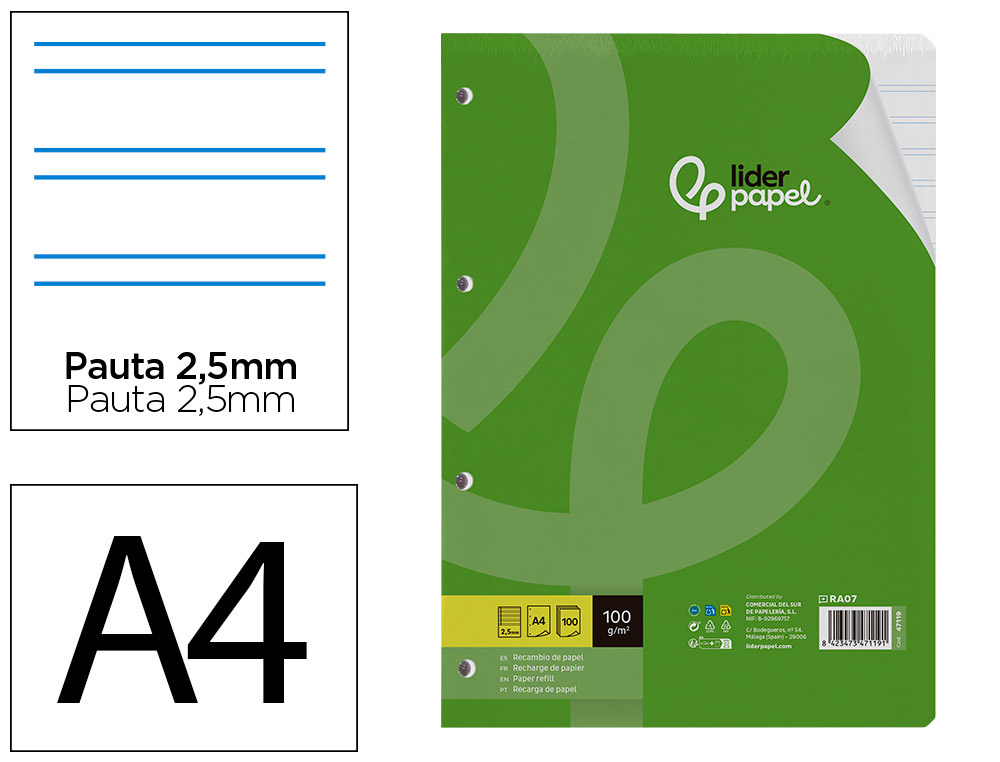 Recambio liderpapel a4 100 hojas 100g/m2 pauta 5ª 2.5mm con margen 4 taladros