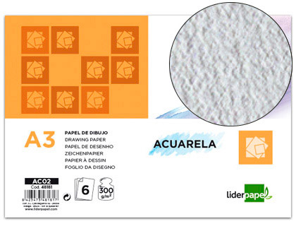 Papel dibujo liderpapel 297x420mm 300g/m2 acuarela pack de 6 hojas