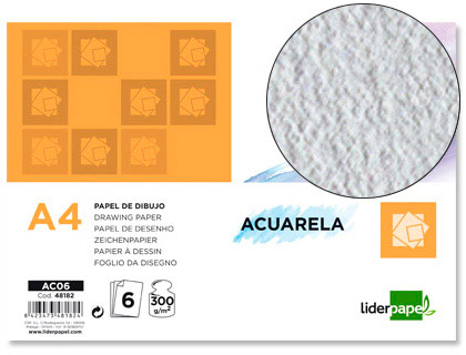 Papel dibujo liderpapel 210x297mm 300g/m2 acuarela pack de 6 hojas