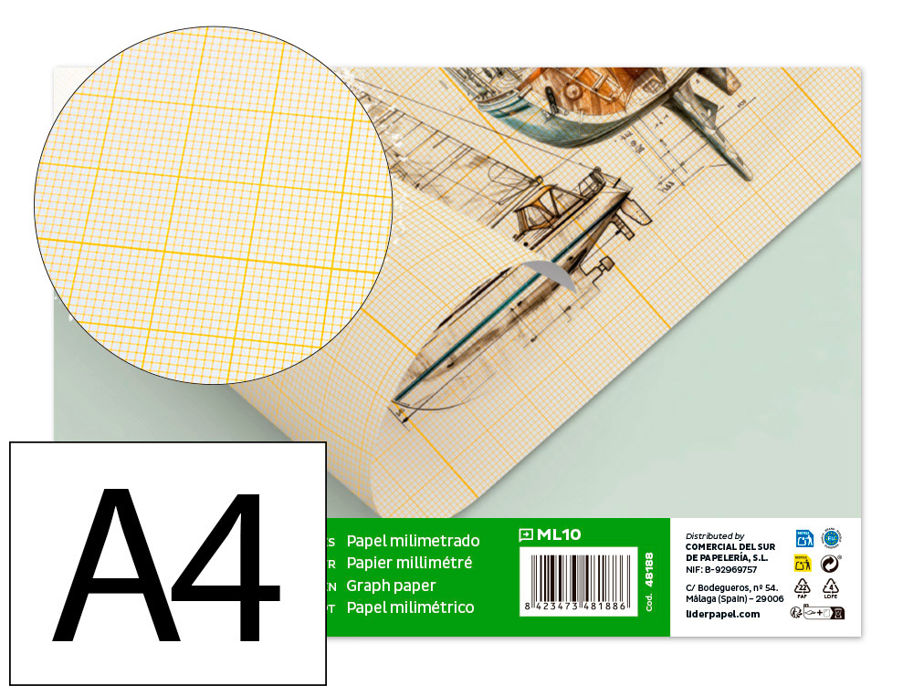 Papel dibujo liderpapel 210x297mm 80g/m2 milimetrado pack de 10 hojas